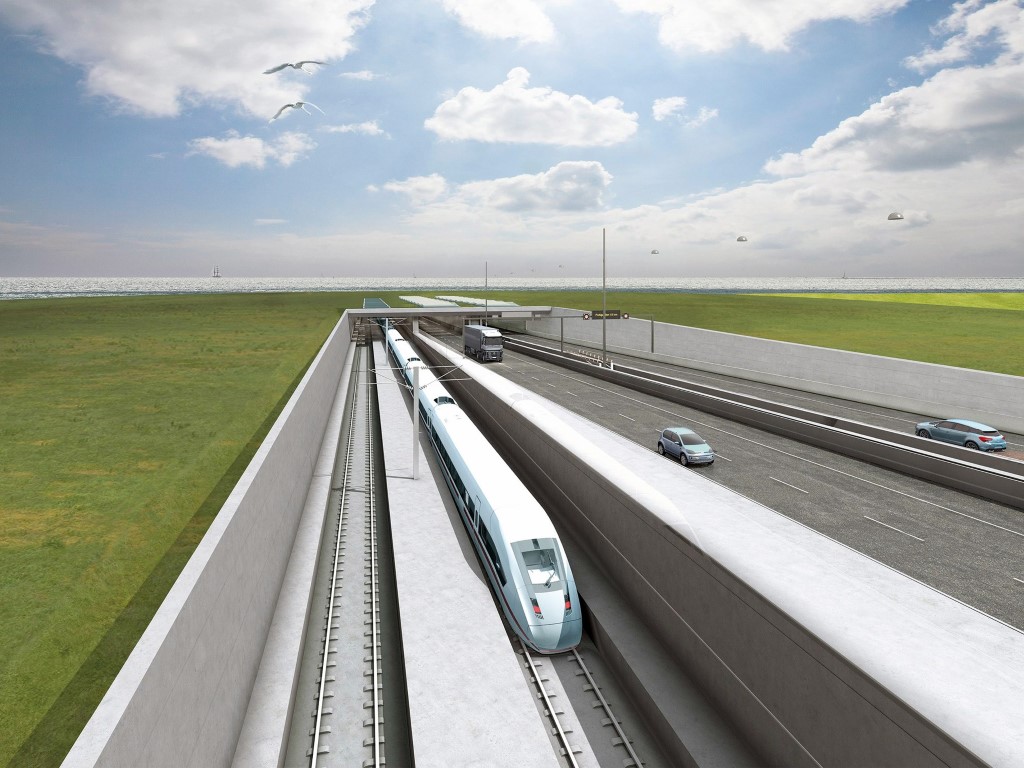 Tunel kolejowo-drogowy łączący Danię z Niemcami - wizualizacja.